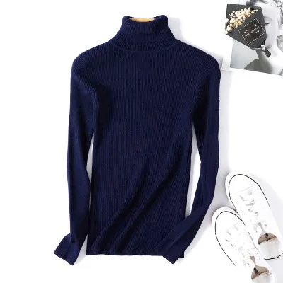 Водолазка, теплый женский свитер, Осень-зима, вязаный, Femme, тянущийся, мягкий женский пуловер, свитер - Цвет: Тёмно-синий