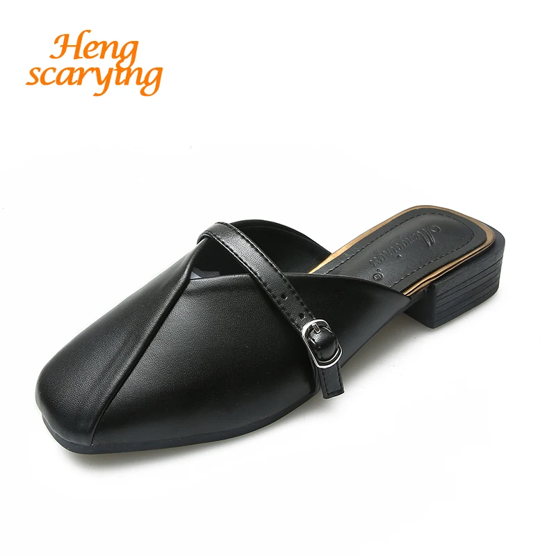 

2019 Women Luxury Brand Slippers Fashion Woman Low Heel Slipper Slip On Mule Slides Closed Square Toe Party Single Shoes Sandals