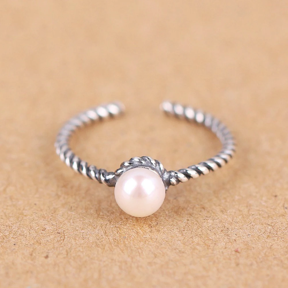 Authentic 925 Sterling Silver Twist Ring Fashion Retro Pearl Twist