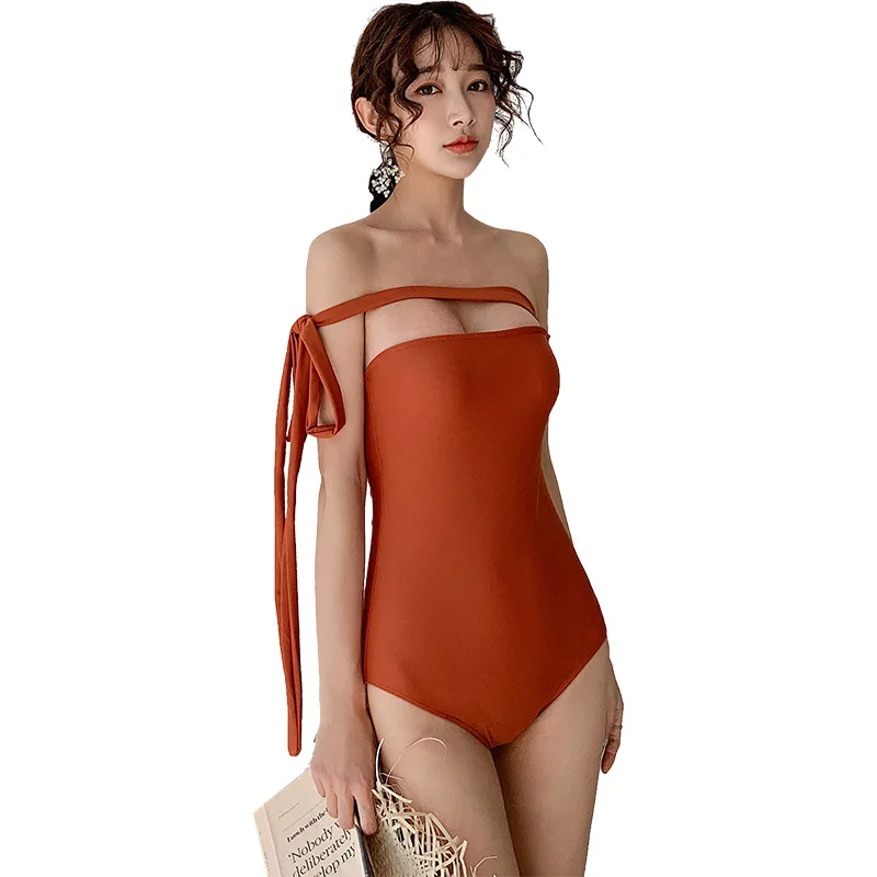 

Korea Style Vintage Solid Orange Red Bandeau One Piece Swimsuit Women 2019 Sexy Tummy Control Short Sleeve Swimwear Monokini