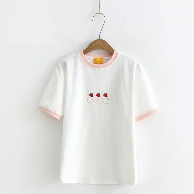

Harajuku Strawberry Print T Shirt Schoolgirl Summer Tops Japanese Style Patchwork Short Sleeve T-shirt Korean Sweet Women Tops