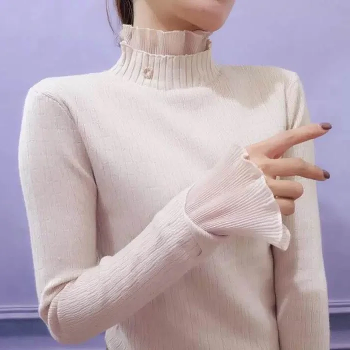  Ruffled Collar Autumn Winter Women Pullovers Sweater Knitted Elasticity Casual Jumper Fashion Slim Winter Warm Female Sweaters
