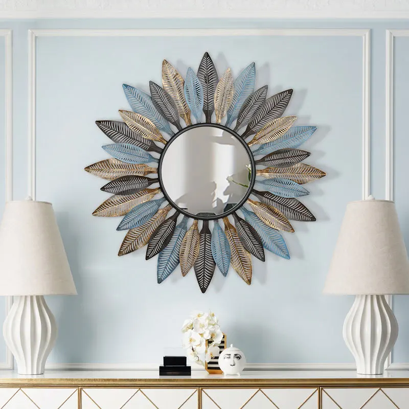 French Wrought Iron Sun Flower Leaf Wall Hanging Decorative Mirror Wall Crafts Decoration Home Livingroom Background Mural R2122
