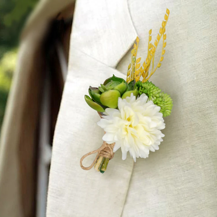 4pcs White Green Color Artificial Succulent Flower Bridal Groom 4pcs White Green Color Artificial Succulent Flower Bridal Groom Boutonniere Wedding Bride Guest Corsage For Party In Dried Flowers