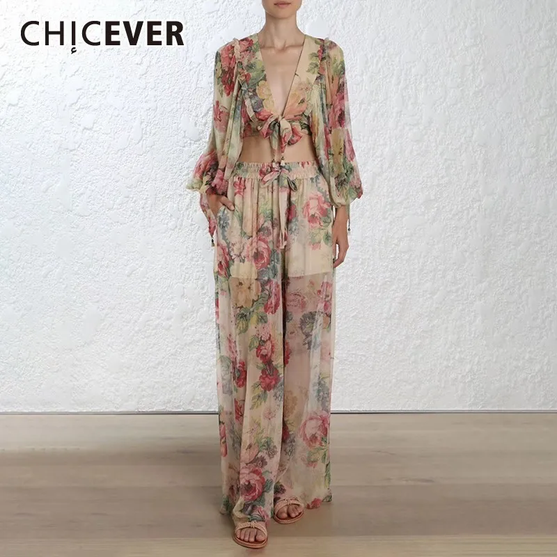 

CHICEVER Summer Vintage Print Women Two Piece Suit V Neck Lantern Sleeve Bandage Bow Tops With Elastic Waist Long Pants Suits