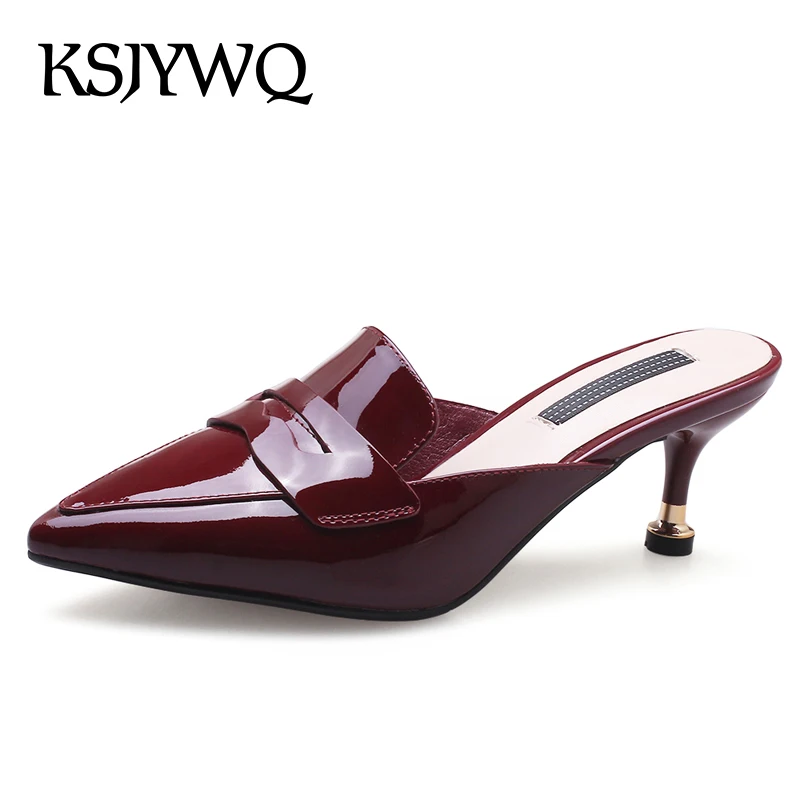 

KSJYWQ Red Leather Women Mules 6 CM High Heels for Woman Pointed-toe Summer Slippers Sexy Ladies Party Pumps Box packing 1818-2