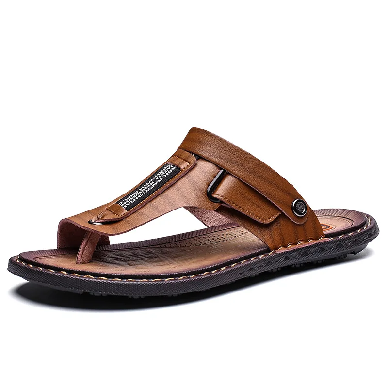 

Men's Luxury Flip Flops 2019 Genuine Leather Slippers Summer Beach Shoes for Men Fashion Outdoor Sandals Male Plus Size 38-47