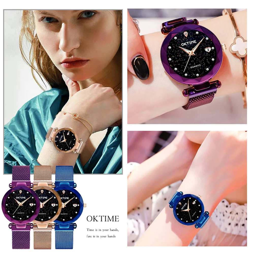 

Bright Stars Ladies Women Watch Clock Heart-shape Watch with Calendar Star Dial Mesh Band Watches Purple