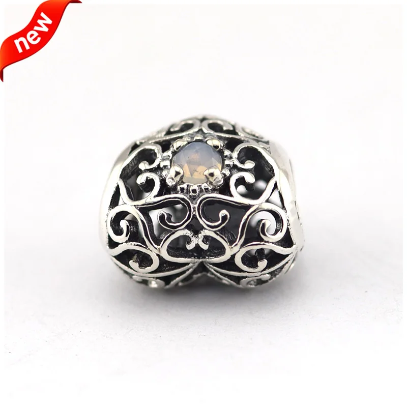 Подходит для браслетов Pandora June фирменное сердце амулеты с серым лунный камень 100%