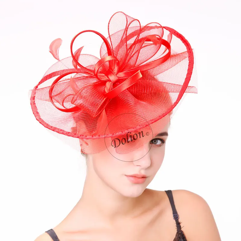 Freeander женские вышитые шляпы вуаль льняные фетровые пиллбокс шляпы для формальных британского стиля Розовые коктейльные вечерние свадебные шляпы черные - Цвет: Красный