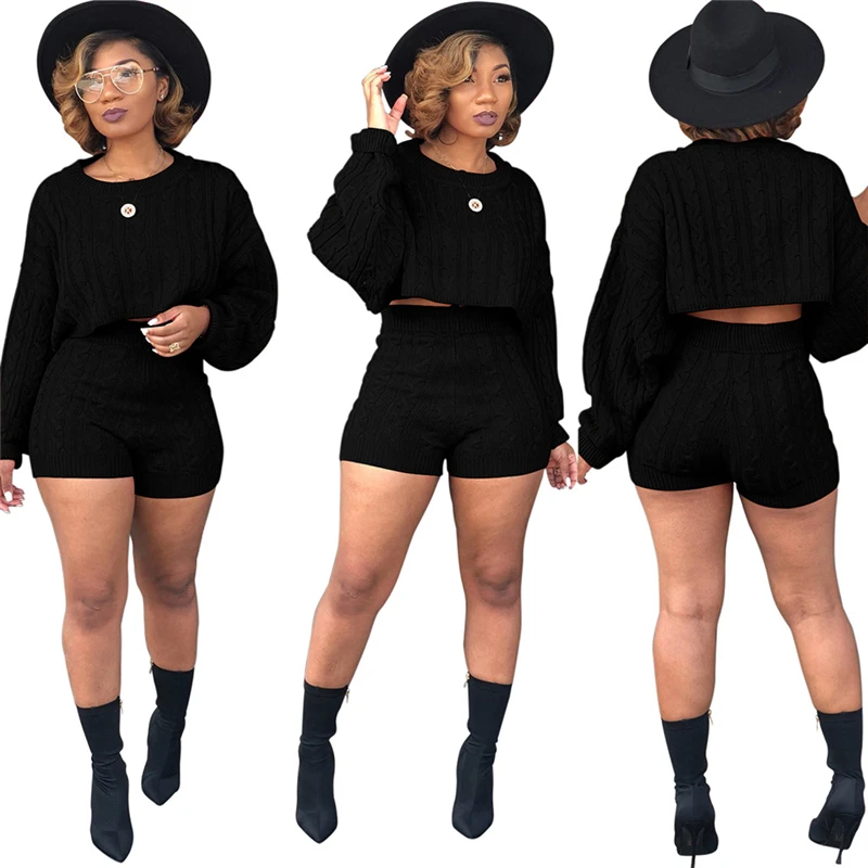 

Adogirl Women Knitted Sweaters Two Piece Set O Neck Long Sleeve Loose Crop Top High Waist Shorts Casual Autumn Winter Outfits