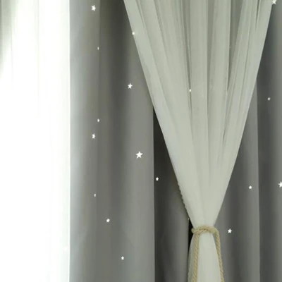 Однотонный комплект с полой звездой, затемненные шторы с белыми прозрачными коричневыми серыми розовыми зелеными шторами+ вуаль для спальни - Цвет: Gray