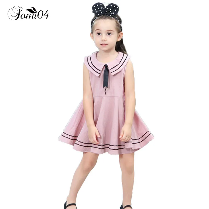 2018 New Girl Naval Style Solid Cotton Dress Bow Tie Striped Children