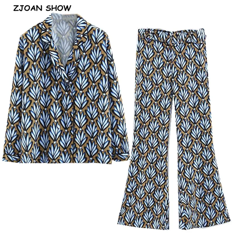 

2019 Vintage Notched Collar Blue Flower Print Kimono Shirt New Woman Long sleeve Pajamas style Loose Blouse Femme Blusas Tops