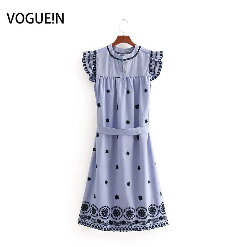 

VOGUEIN New Womens Fashion Embroidered Striped Print Short Sleeve Midi Dress Wholesale