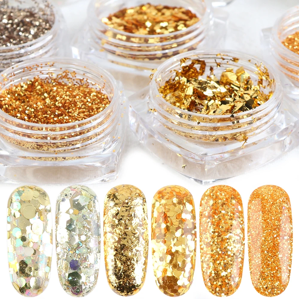

8 Bottle Irregular Shiny Nail Glitter Powder Gold AB Sequins Nail Art Decoration Mix Hexagon 3D Flakes Charm Foils Set TR1506-10