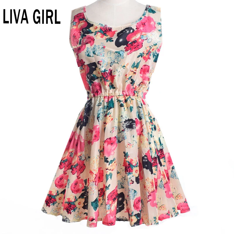 Fashion Women New Sleeveless Round Neck Florals Print Pleated Dress Summer Clothing Sweet Tank Dresses