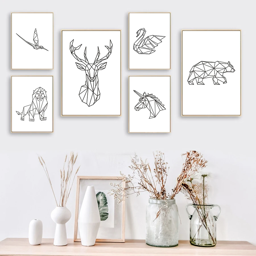 6 - Geometric Animal Canvas Painting Wall Art Picture for Living Room Decorative Posters Modern Minimalist Black and White Pictures