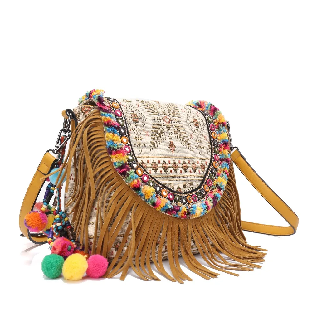 Kaufen Taschen für frauen handtasche hippie Bohemian Spitze quaste perlen Stickerei schulter tasche handarbeit Baumwolle Tasche nationalen ethnische taschen