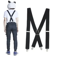 3.5 Width Fashion Men Suspenders Solid Black Double Elastic 4 Clips Adjustable Two-way Metal Cross X Back Women Pants Braces