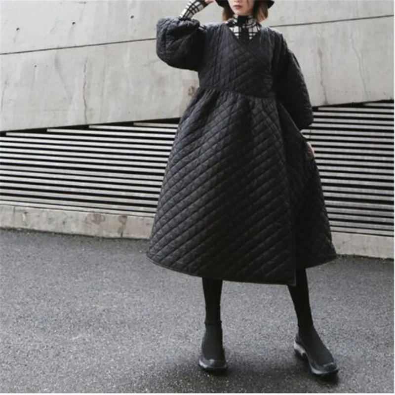 

Overize Female Winter trench coat 2018 Retro Lantern Sleeve high waist windbreaker Rhombic Embossed Korean long coat