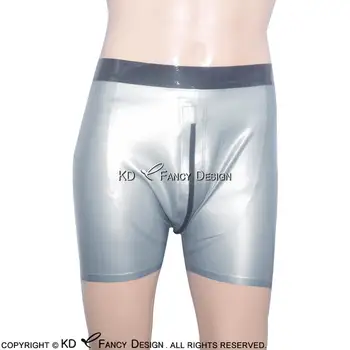 

Metallic Silver Sexy Latex Boxer Shorts With Black Trims Crotch Zipper Rubber Boy Shorts Underpants Underwear DK-0061