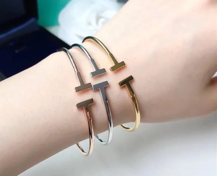 

Hot designer 925 sterling silver jewelry smooth T bracelet rose gold silver gold slim T bangle luxury brand jewelry women bijoux