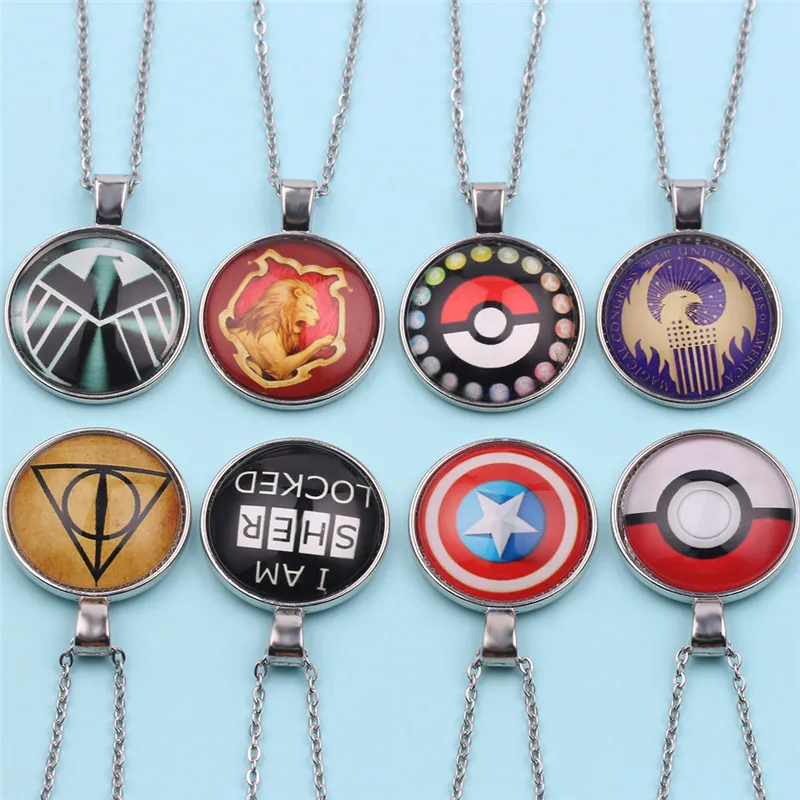 

Wholesale 10 Pcs Classic Movie Series Jewelry Round Pendant Necklace Captain America SHIELD Pokemon Stainless Steel Necklace
