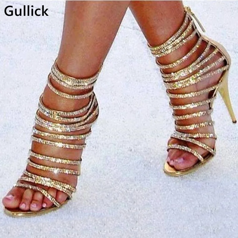 High Quality Bling Bling Gold Crystal Woman Sandals Front Strappys Sexy Peep toe Hollow Out Woman Prom Dress Shoes Back Zip