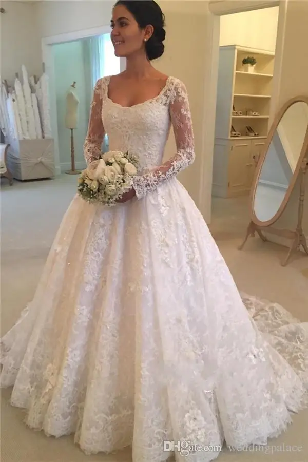 

Latest Hot Sale vestido de noiva long sleeves Appliques Beaded Bridal Gowns Mother of the Bride vintage lace Wedding dresses
