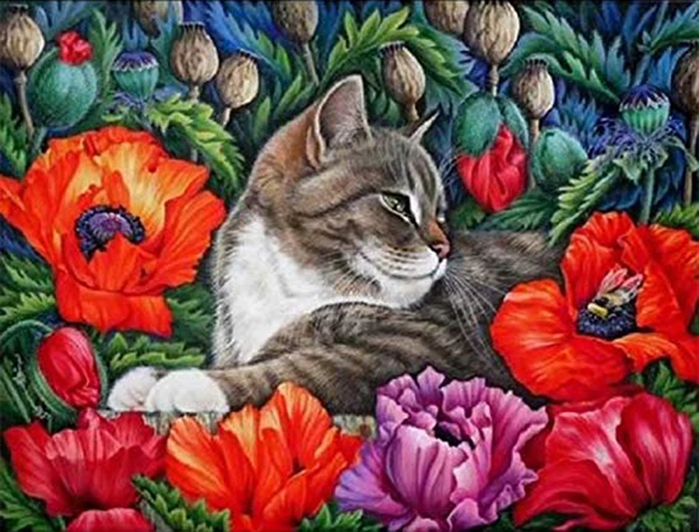 

5D DIY Diamond Paintings Full Round Animals Poppys Flower and Cat Mosaic Art Landscape Kits Embroidery Stickers Decoration Home