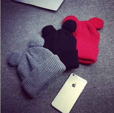 3 Colors Cute Knitted Hat Female Solid Beanies For Girls Acrylic Warm Horn Winter Cap Women's Autumn With Cat Ear | Аксессуары для