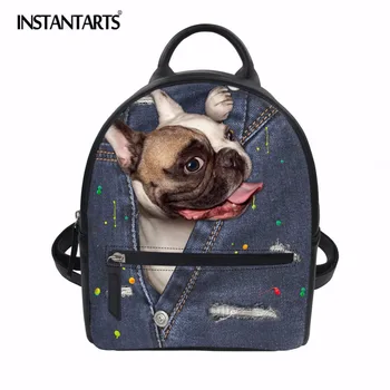

INSTANTARTS Denim French Bulldog 3D Print Women Mini Backpack Personalized Dog Design Female Small Travel Bagpack School Bags