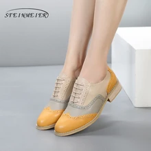 Genuino cuero de vaca brogue casual diseñador vintage zapatos planos señora hecho a mano amarillo beige oxford zapatos para las mujeres 2020 verano