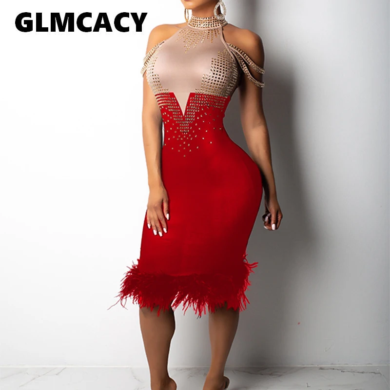 

Women Elegant Sexy Off Shoulder Cocktail Bandage Holiday Midi Dress Halter Bodycon Mesh Drilling Fluffy Embellished Party Dress