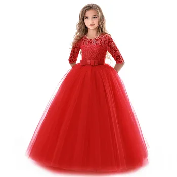 

Elegant Princess Lace Dress Kids Flower Embroidery Dresses For Girls Vintage Children Dresses for Christmas Party Red Ball Gown