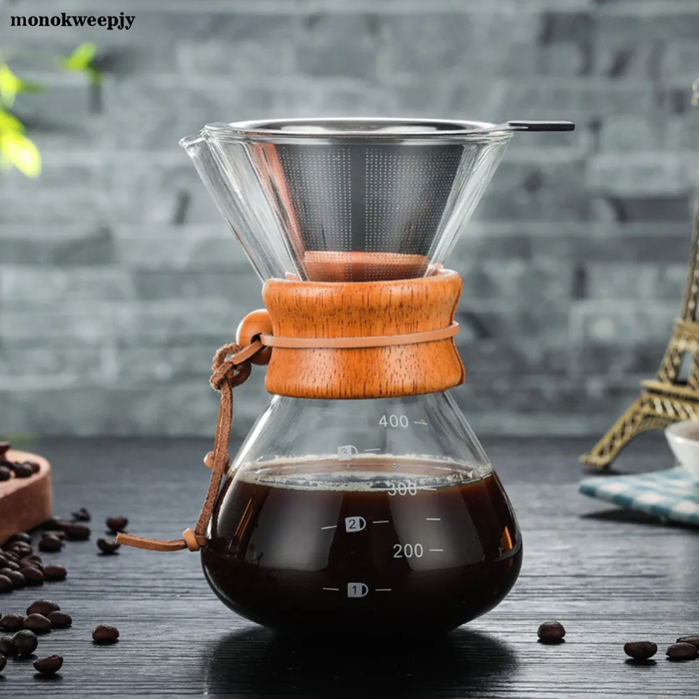 

400ml Pour Over Coffee Dripper Manual Coffee Maker Paperless Stainless Steel Filter Glass Carafe Pot Percolators