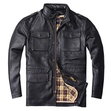 Черная длинная M65 Натуральная Кожа Мужская куртка из настоящей толстой воловьей кожи размера плюс 6XL русская зимняя теплая кожаная куртка