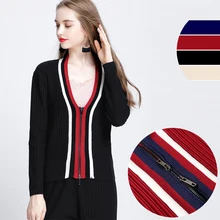 Autumn winter women sweater cardigans long sleeve V-Neck slim striped patchwork knitted female clothes casual zipper coat D236