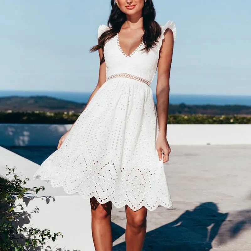 

Summer Women Casual Backless Sexy Dress V Neck Embroidery Cotton Ruffle Dress Elegant Beach Party Dresses