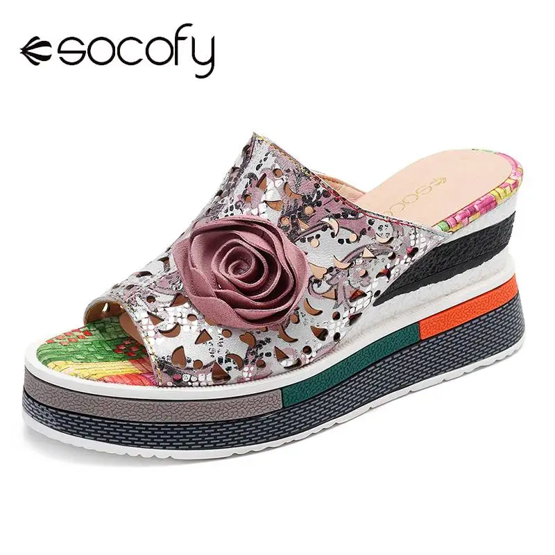 

SOCOFY Genuine Leather Sandals Hollow Pattern Splicing Floral Wedges Heel Casual Slip On Sandals Elegant Summer Shoes Women 2020