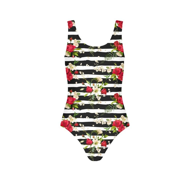 

Rose Print One-piece Women Swimsuit Girs Striped Swimwaer Travel Team Bride Monokini Beach Padded Bathing Suits Sportswear 2019