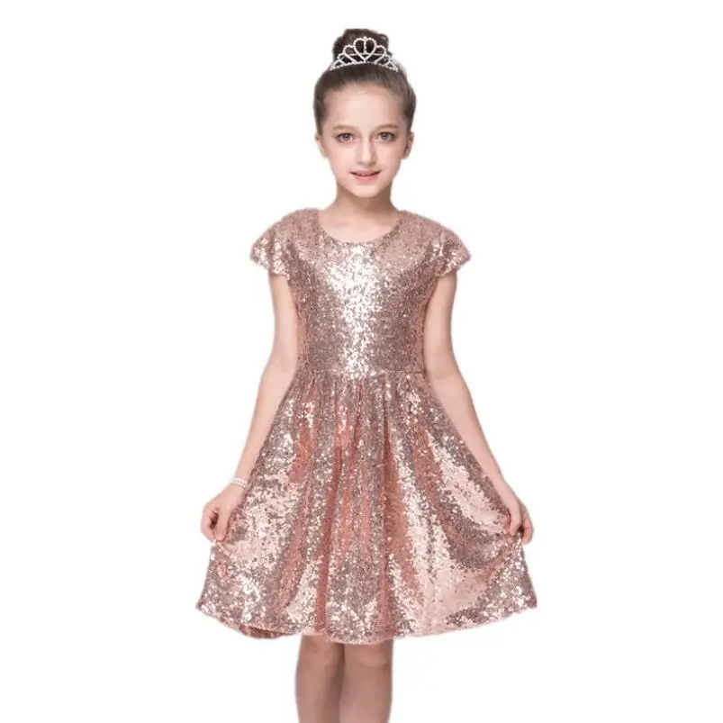 Модное платье для девочек; платье с короткими рукавами и блестками; вечерние платья; блестящая эксклюзивная одежда принцессы; цвет золотой, розовый, красный