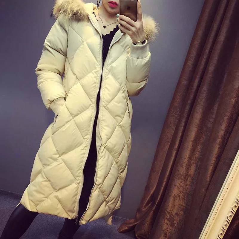 Down cotton long section of the side slit hat real hair Cotton Jacket women winter coat Y231