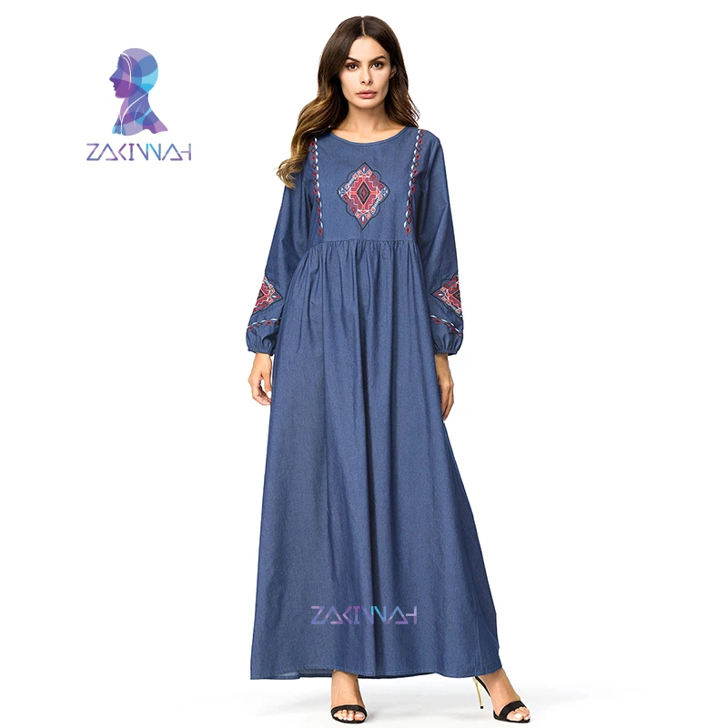 

Plus Size Fashion Robe Embroidery Long Abayas For Women Blue Maxi Muslim Denim Dress Arab Dubai Islamic Clothing