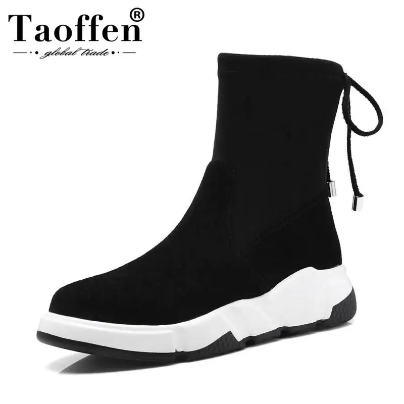 

Taoffen Real Leather Woman Boots Brand Thick Bottom Cross Strap Stretch Boots Casual Black Ankle Boots Footwear Size 34-39