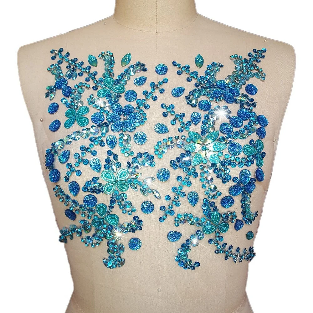 

HAND Beaded Bright Patches Appliques Sew on Wedding Clothes Blue Rhinestone Crystal Trim Sewing For Dresses 27x31cm Designer Diy