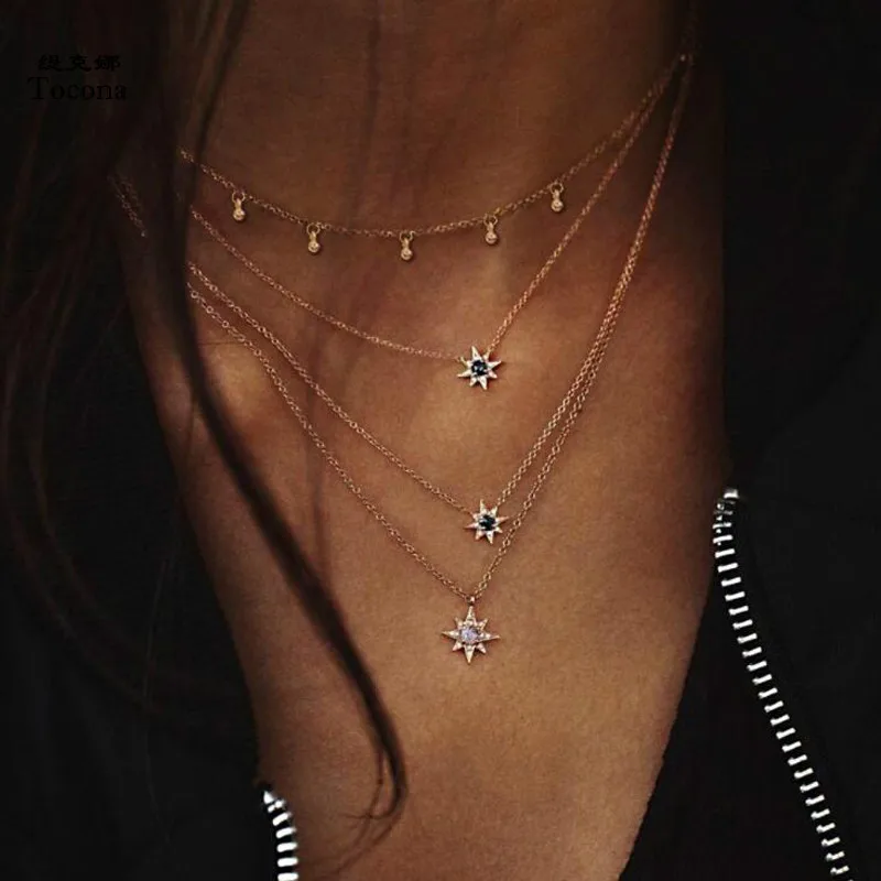 

Tocona Bohemian Rhinestone Sun Star Pendant Necklaces Chokers Multi layer Gold Chain Necklace Collar for Women Jewelry 6961