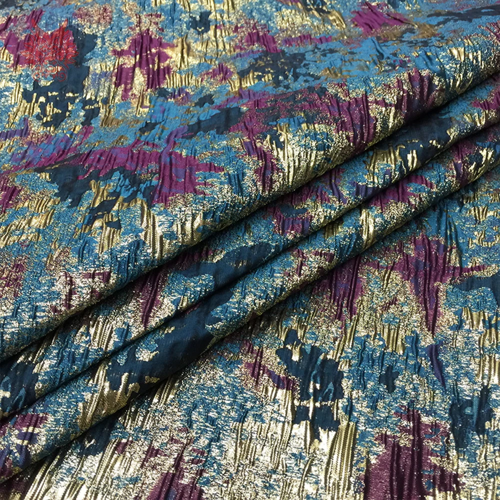 American style luxury abstract floral metallic jacquard pleated brocade fabric for dress tissue