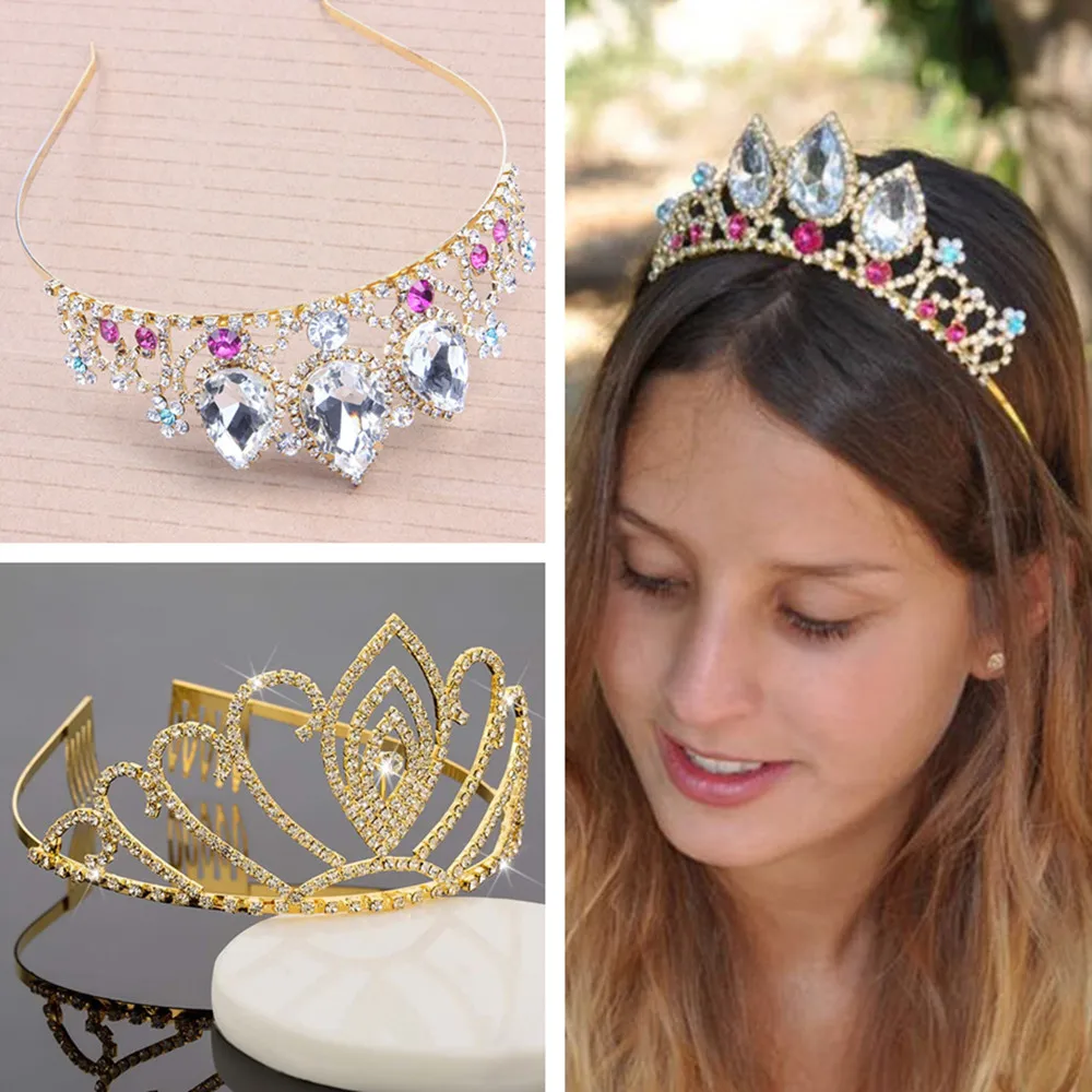 

Bridal Hair Accessiories Gold Color Tiaras and Crowns Wedding Party Prom Princess Girls Crystal Crown Headband